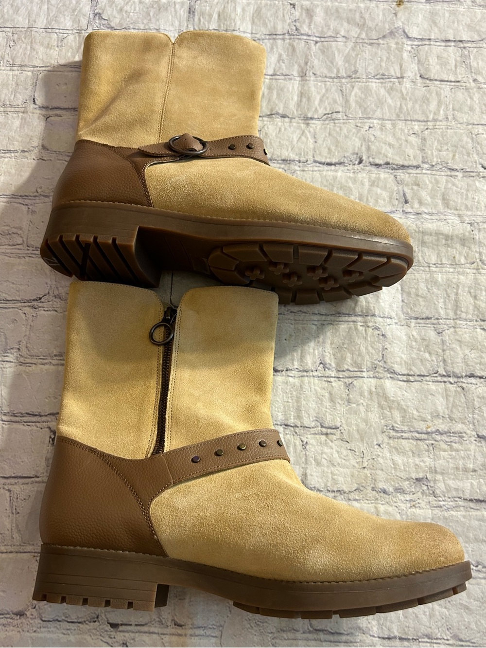 REVITALIGN DRAPER ANKLE BOOTS TAN SUEDE BROWN BUCKLE STRAP BRASS STUDS 12D